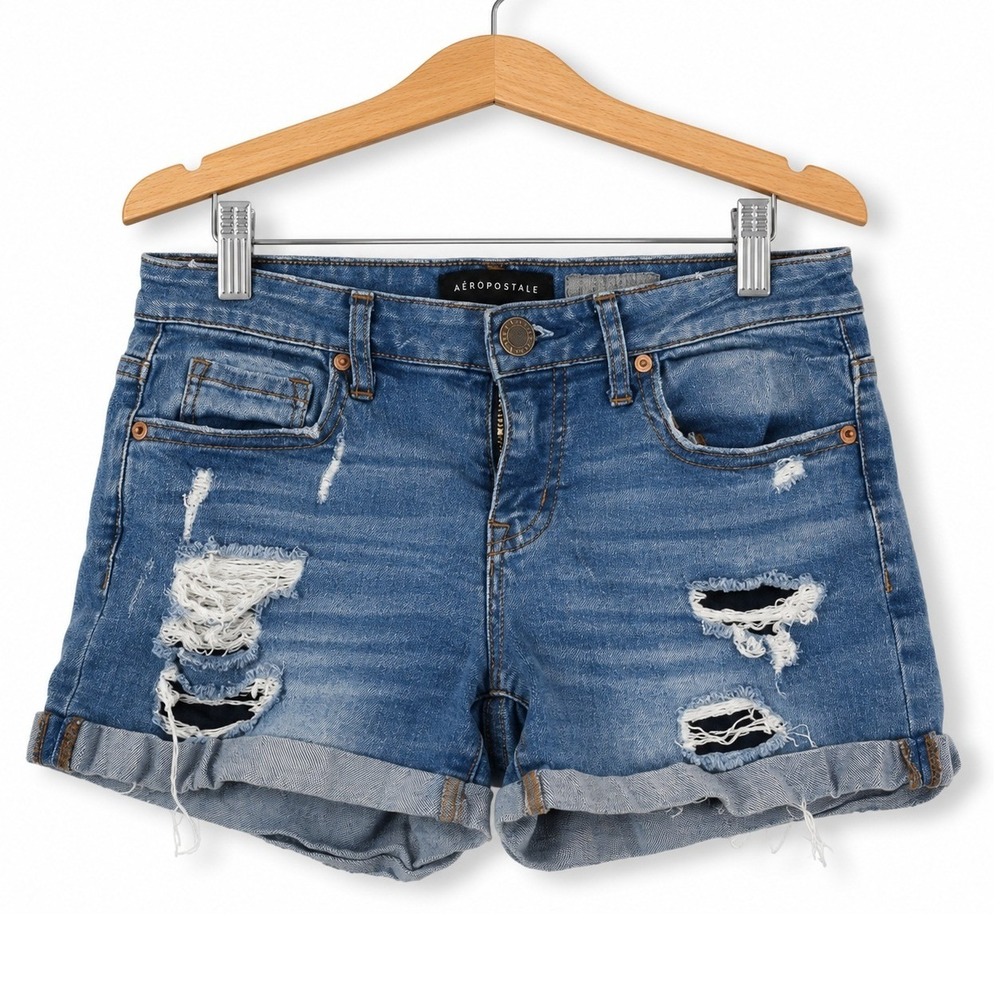 Aeropostale Midi Shorts Womens 4 Blue Denim Distressed Ripped Cuffed Jean Cutoff